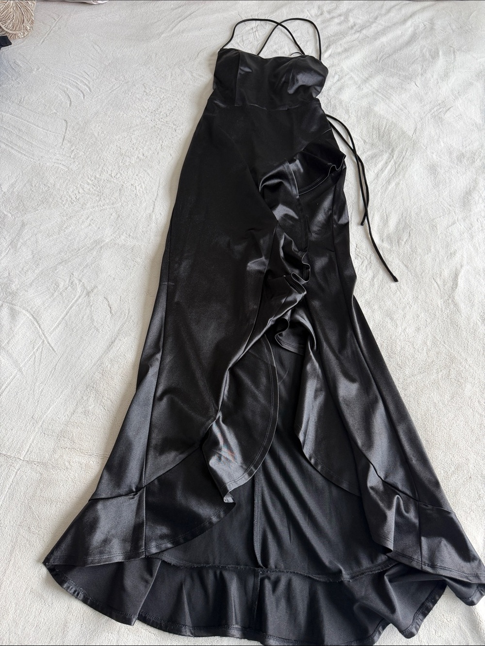 Crystal Doll Black High-Low Satin Evening Dress